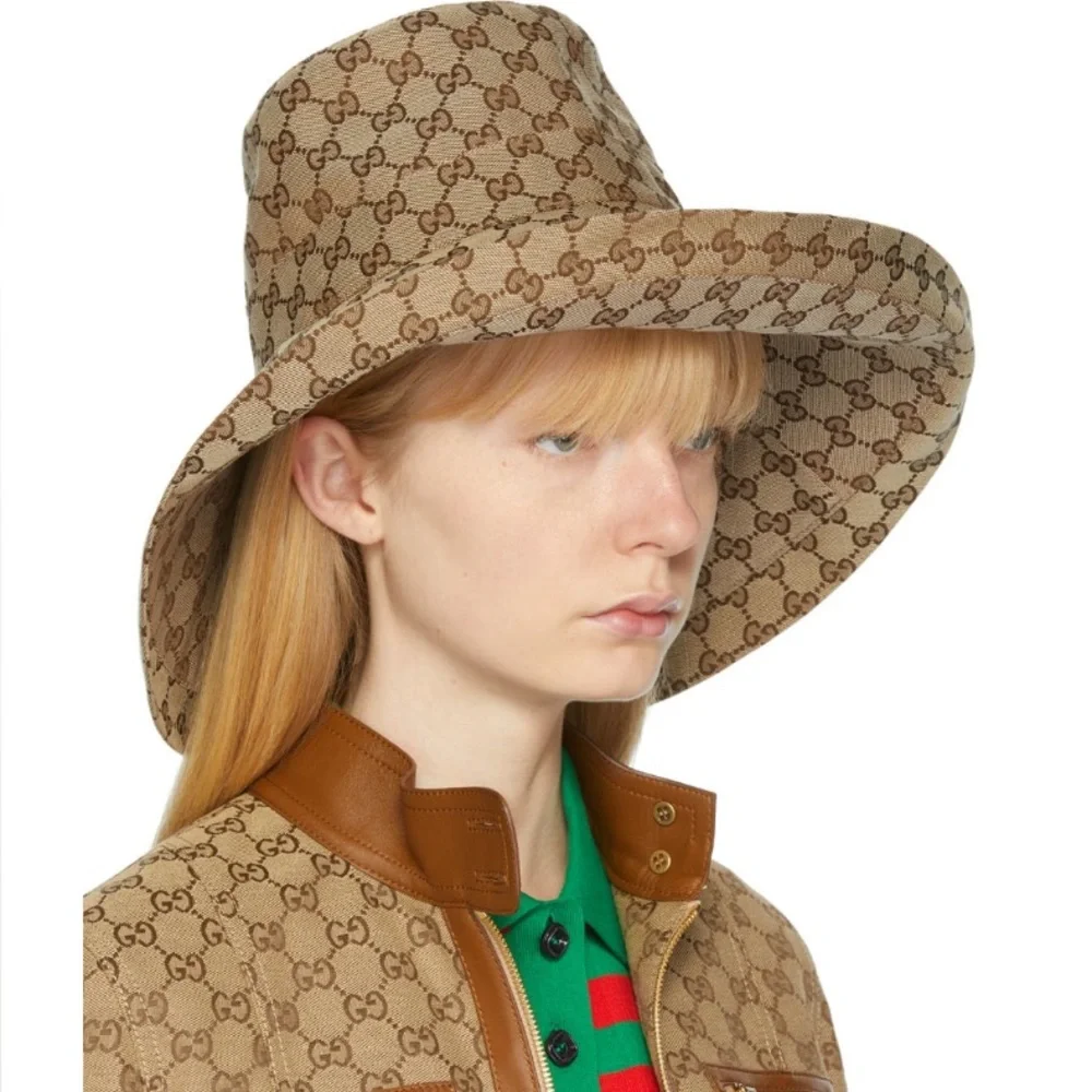 Gucci GG Monogram Bucket Hat Wide Brim Beige Tan Canvas Jacquard Sun Coverage - Picture 6 of 16